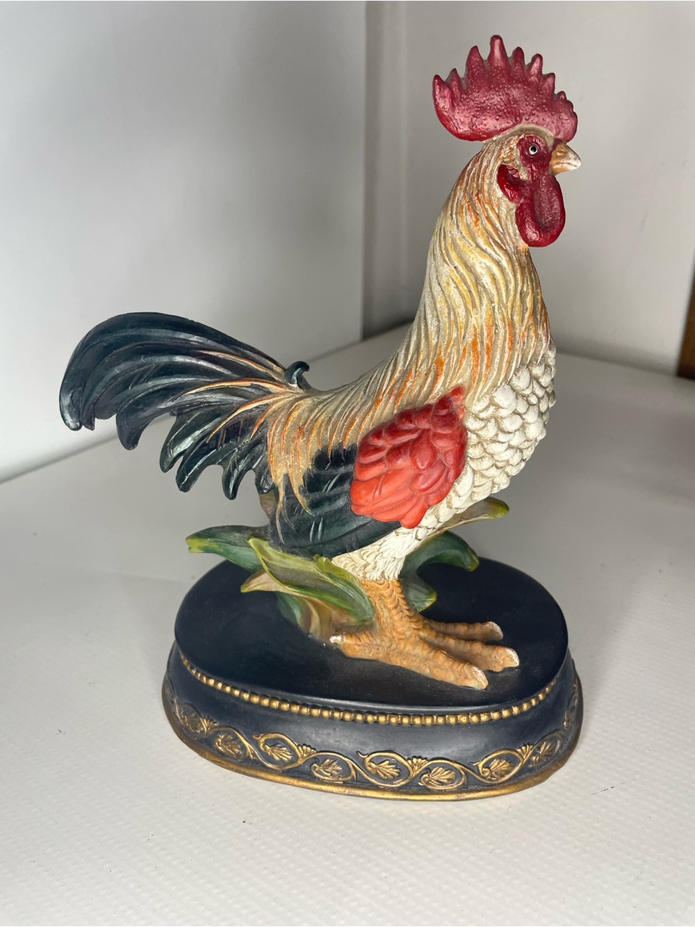 Vintage Burton Decorative Rooster Figurine in Red, Black, and Cream Rooster